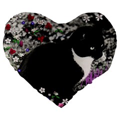 Freckles In Flowers Ii, Black White Tux Cat Large 19  Premium Flano Heart Shape Cushions by DianeClancy