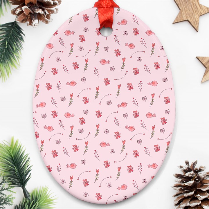 Cute Pink Birds And Flowers Pattern Ornament (Oval) 