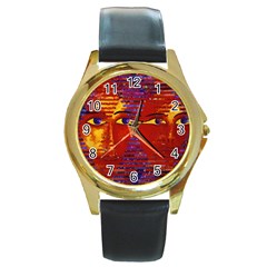 Conundrum Iii, Abstract Purple & Orange Goddess Round Gold Metal Watch by DianeClancy