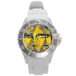 Conundrum II, Abstract Golden & Sapphire Goddess Round Plastic Sport Watch (L) Front