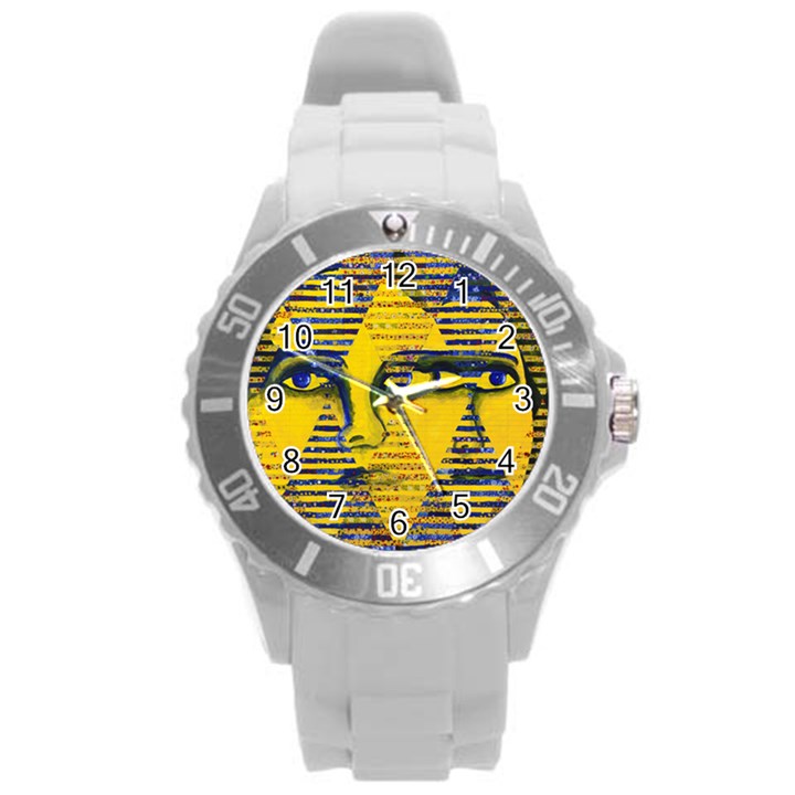 Conundrum II, Abstract Golden & Sapphire Goddess Round Plastic Sport Watch (L)