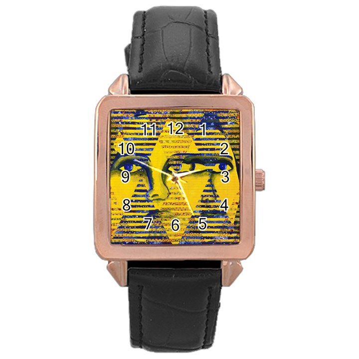 Conundrum II, Abstract Golden & Sapphire Goddess Rose Gold Leather Watch 