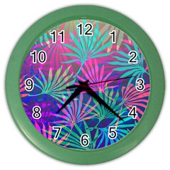 Colored Palm Leaves Background Color Wall Clocks by TastefulDesigns