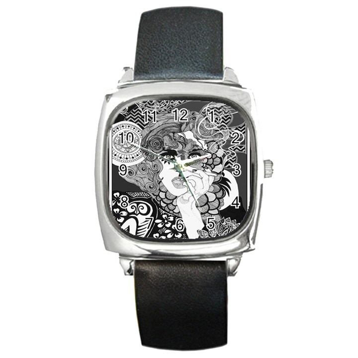 Smoking Woman Square Leather Watch