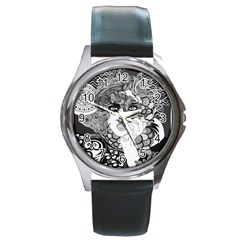 Smoking Woman Round Leather Watch (silver Rim) by DryInk