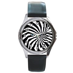 Zebra Face Round Leather Watch (silver Rim) by DryInk