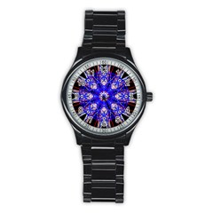 Kaleidoscope Flower Mandala Art Black White Red Blue Stainless Steel Round Watch by yoursparklingshop