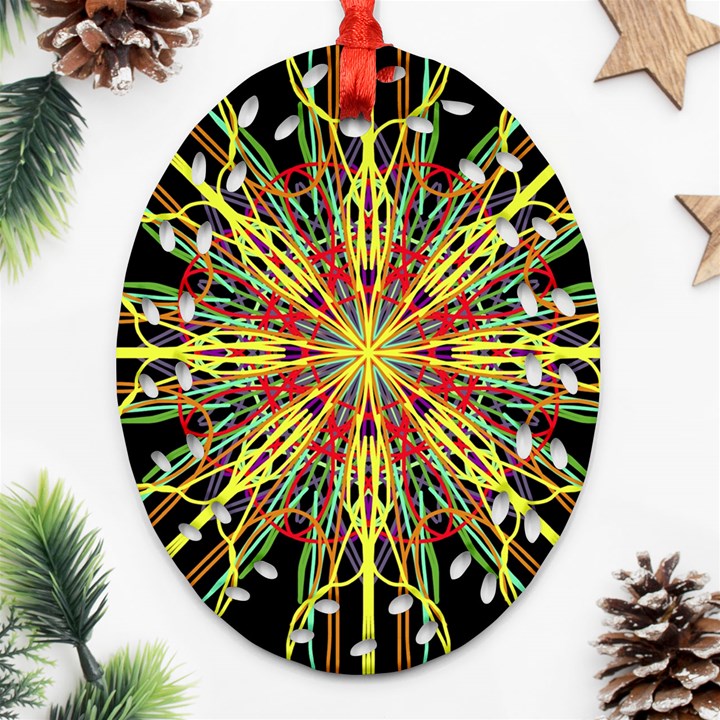 Kaleidoscope Flower Mandala Art Black Yellow Orange Red Oval Filigree Ornament (2-Side) 