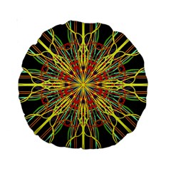 Kaleidoscope Flower Mandala Art Black Yellow Orange Red Standard 15  Premium Round Cushions by yoursparklingshop