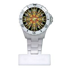 Kaleidoscope Flower Mandala Art Black Yellow Orange Red Plastic Nurses Watch by yoursparklingshop