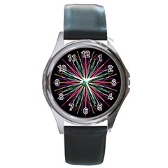 Pink Turquoise Black Star Kaleidoscope Flower Mandala Art Round Metal Watch by yoursparklingshop