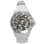 Festive Silver Metallic Abstract Art Round Plastic Sport Watch (L) Front