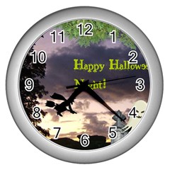 Happy Halloween Night Witch Flying Wall Clocks (silver)  by canvasngiftshop