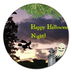 Happy Halloween Night Witch Flying Magnet 5  (round) by canvasngiftshop