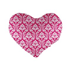 Hot Pink Damask Pattern Standard 16  Premium Flano Heart Shape Cushions by Zandiepants