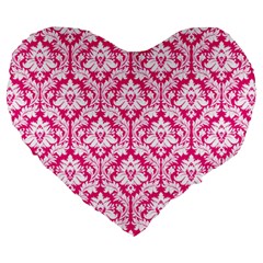 Hot Pink Damask Pattern Large 19  Premium Flano Heart Shape Cushions