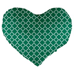 Emerald Green Quatrefoil Pattern Large 19  Premium Flano Heart Shape Cushion by Zandiepants