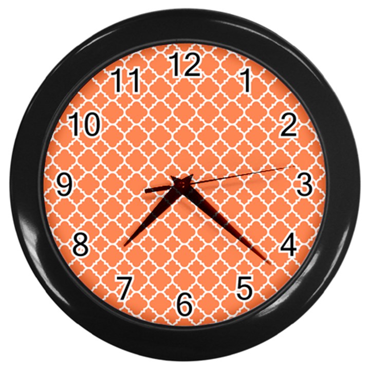 Tangerine orange quatrefoil pattern Wall Clock (Black)