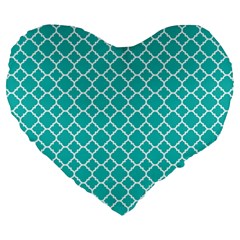 Turquoise Quatrefoil Pattern Large 19  Premium Flano Heart Shape Cushion by Zandiepants