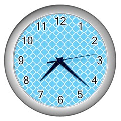 Bright Blue Quatrefoil Pattern Wall Clock (silver) by Zandiepants