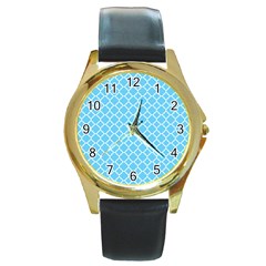 Bright Blue Quatrefoil Pattern Round Gold Metal Watch by Zandiepants