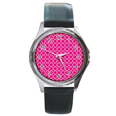 Hot Pink Quatrefoil Pattern Round Metal Watch by Zandiepants