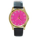 Hot pink quatrefoil pattern Round Gold Metal Watch Front