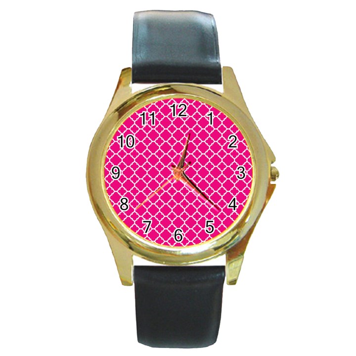 Hot pink quatrefoil pattern Round Gold Metal Watch