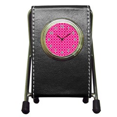 Hot Pink Quatrefoil Pattern Pen Holder Desk Clock by Zandiepants