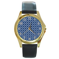 Navy Blue Quatrefoil Pattern Round Gold Metal Watch by Zandiepants