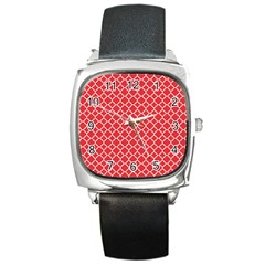 Poppy Red Quatrefoil Pattern Square Metal Watch by Zandiepants