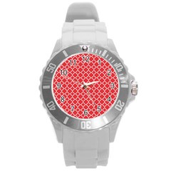 Poppy Red Quatrefoil Pattern Round Plastic Sport Watch (l) by Zandiepants