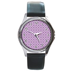 Lilac Purple Quatrefoil Pattern Round Metal Watch by Zandiepants