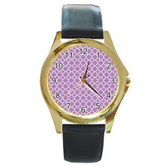 Lilac Purple Quatrefoil Pattern Round Gold Metal Watch by Zandiepants