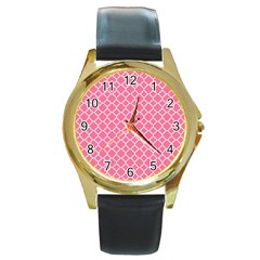 Soft Pink Quatrefoil Pattern Round Gold Metal Watch by Zandiepants