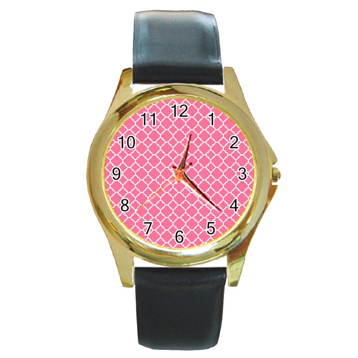 Soft pink quatrefoil pattern Round Gold Metal Watch