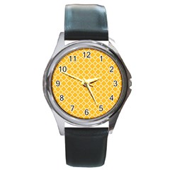 Sunny Yellow Quatrefoil Pattern Round Metal Watch by Zandiepants