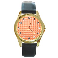 Tangerine Orange Quatrefoil Pattern Round Gold Metal Watch by Zandiepants