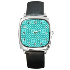 Turquoise Quatrefoil Pattern Square Metal Watch by Zandiepants