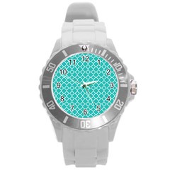 Turquoise Quatrefoil Pattern Round Plastic Sport Watch (l) by Zandiepants