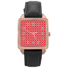 Poppy Red Quatrefoil Pattern Rose Gold Leather Watch  by Zandiepants