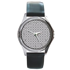 Grey Quatrefoil Pattern Round Metal Watch by Zandiepants