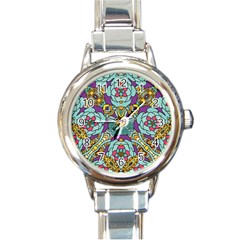 Mariager - Bold Blue,purple And Yellow Flower Design Round Italian Charm Watch by Zandiepants