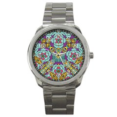 Mariager - Bold Blue,purple And Yellow Flower Design Sport Metal Watch by Zandiepants