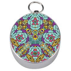 Mariager - Bold Blue,purple And Yellow Flower Design Silver Compass by Zandiepants