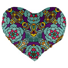 Mariager - Bold Blue,purple And Yellow Flower Design Large 19  Premium Heart Shape Cushion by Zandiepants