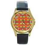 Shapes in retro colors pattern                        			Round Gold Metal Watch Front