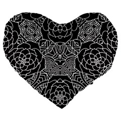 Mariager, Bold Flower Design, Black & White Large 19  Premium Flano Heart Shape Cushion