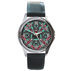 Petals In Dark & Pink, Bold Flower Design Round Metal Watch by Zandiepants