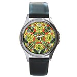 Petals, Retro Yellow, Bold Flower Design Round Metal Watch Front